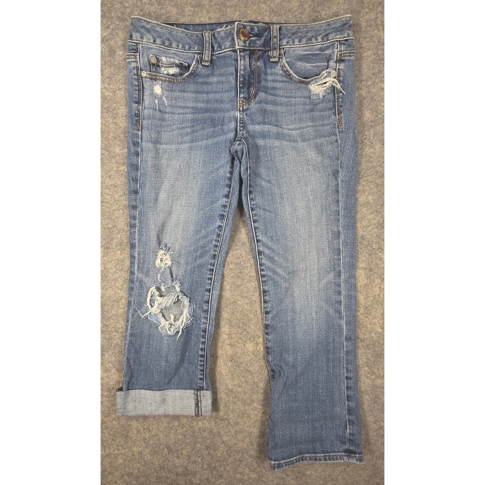 American Eagle Vintage Flare Distressed Jeans Medium Wash Low Rise Size 2 Reg